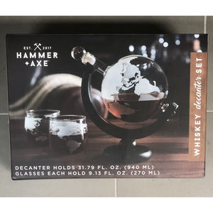 Hammer + Axe Whiskey Decanter Set World Globe With Map Glasses Brand New